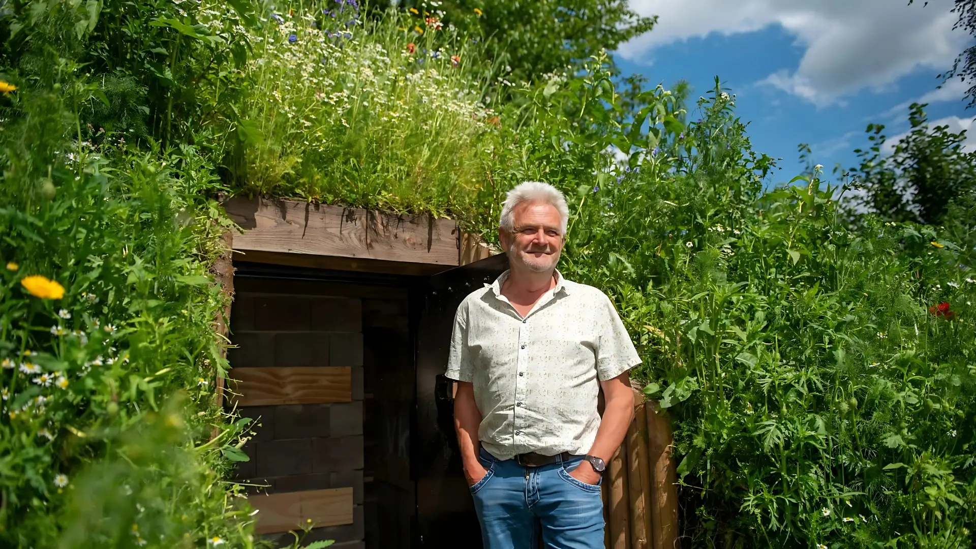 Johan Vonder bij het vleermuisonderkomen op het erf van Woestenhoeve in Witharen
